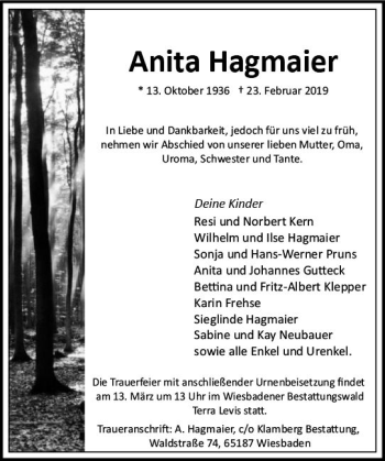 Traueranzeige von Anita Hagmaier von vrm-trauer
