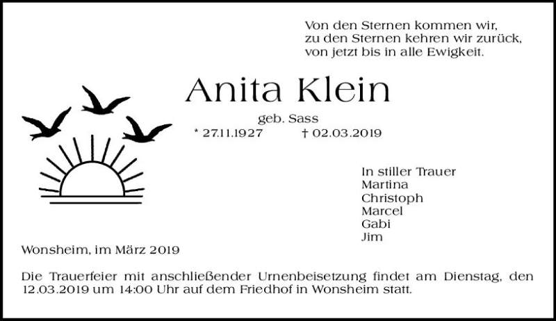  Traueranzeige für Anita Klein vom 08.03.2019 aus vrm-trauer