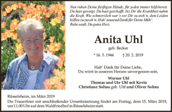 Traueranzeige von Anita Uhl von vrm-trauer