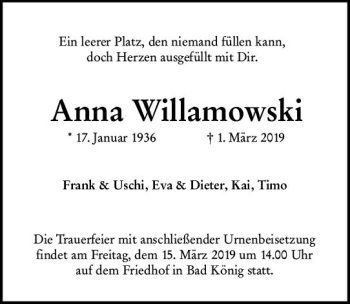 Traueranzeige von Anna Willamowski von vrm-trauer