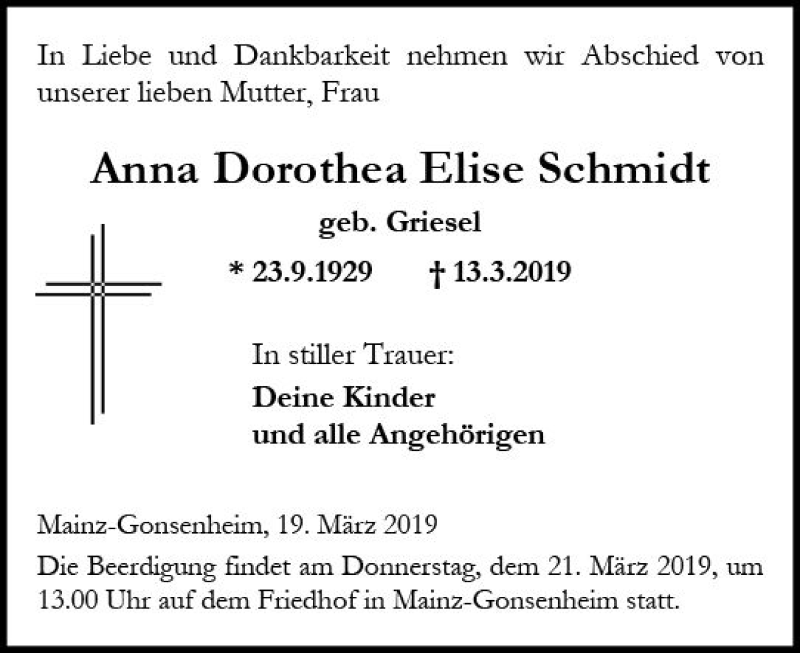  Traueranzeige für Anna Dorothea Elise Schmidt vom 19.03.2019 aus vrm-trauer
