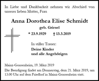 Traueranzeige von Anna Dorothea Elise Schmidt von vrm-trauer