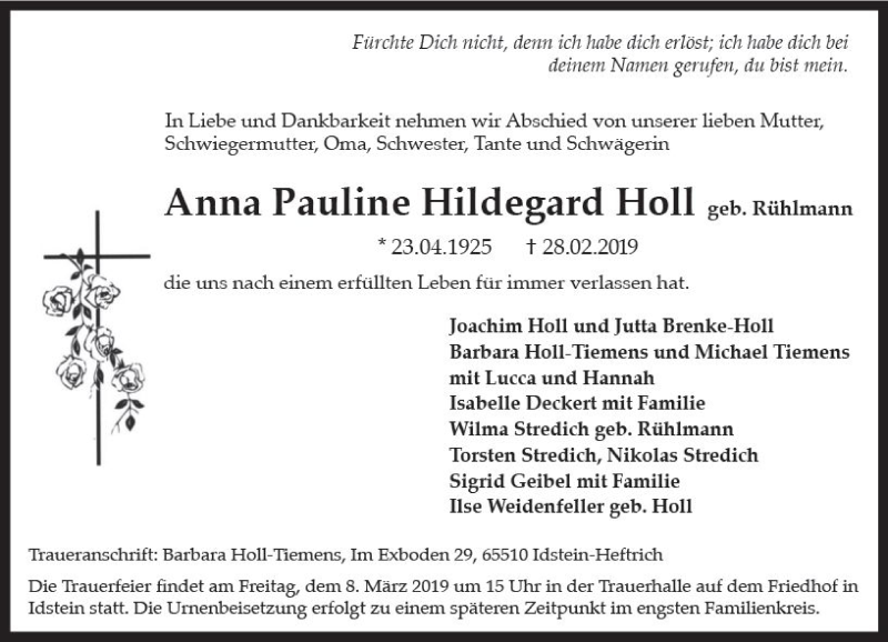  Traueranzeige für Anna Pauline Hildegard Holl vom 06.03.2019 aus vrm-trauer
