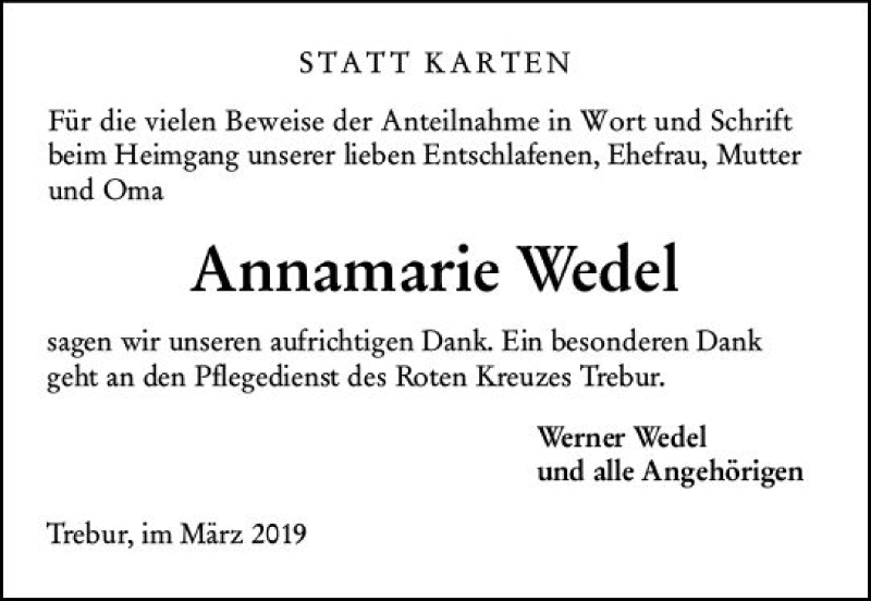  Traueranzeige für Annamarie Wedel vom 13.03.2019 aus vrm-trauer