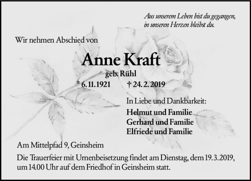 Traueranzeige für Anne Kraft vom 15.03.2019 aus vrm-trauer