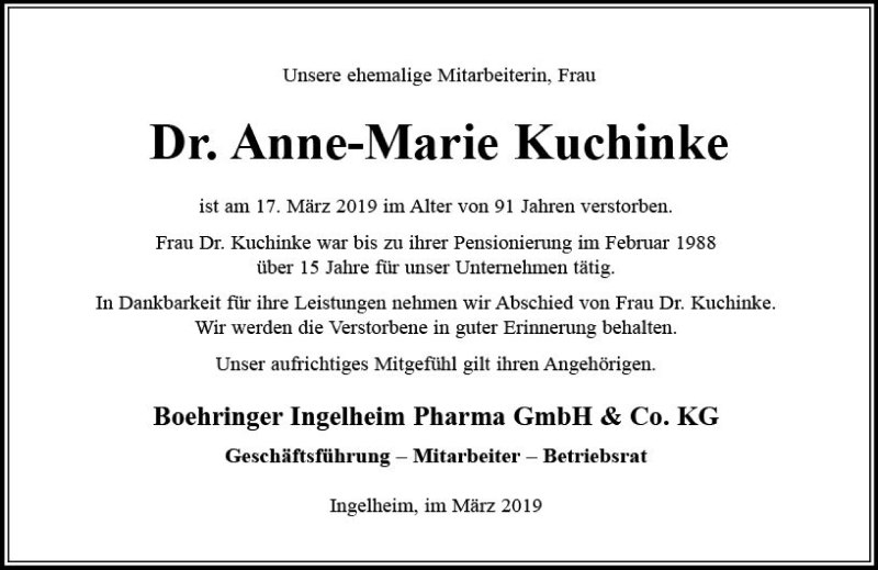  Traueranzeige für Anne-Marie Kuchinke vom 28.03.2019 aus vrm-trauer