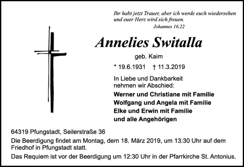  Traueranzeige für Annelies Switalla vom 16.03.2019 aus vrm-trauer