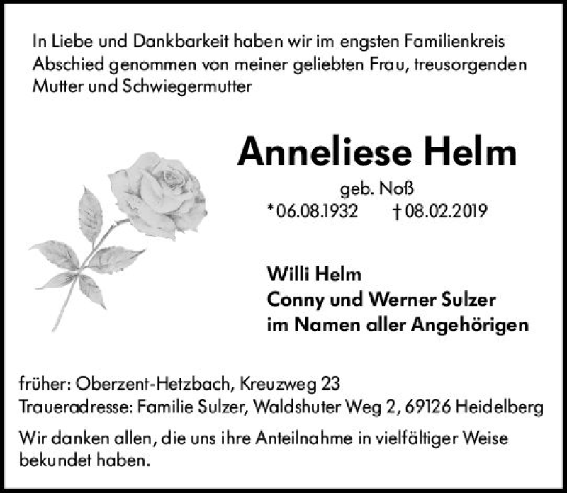 Traueranzeige für Anneliese Helm vom 09.03.2019 aus vrm-trauer