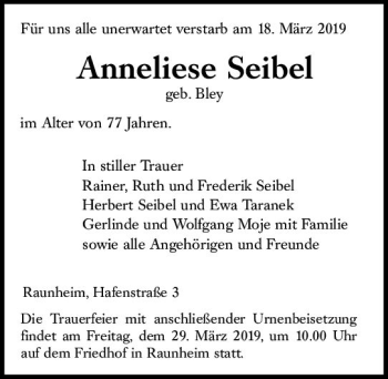 Traueranzeige von Anneliese Seibel von vrm-trauer
