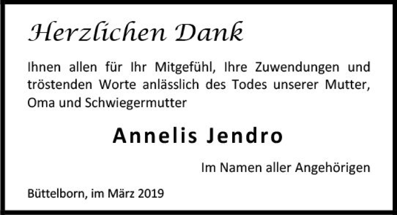  Traueranzeige für Annelis Jendro vom 30.03.2019 aus vrm-trauer