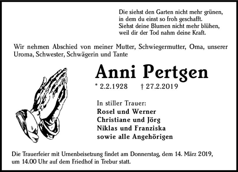  Traueranzeige für Anni Pertgen vom 11.03.2019 aus vrm-trauer