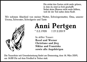 Traueranzeige von Anni Pertgen von vrm-trauer