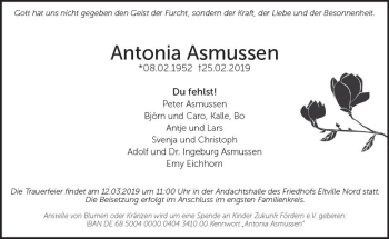 Traueranzeige von Antonia Asmussen von vrm-trauer