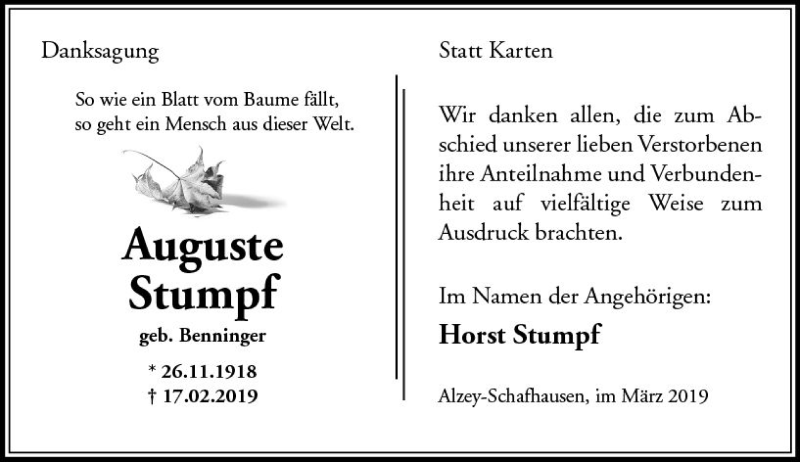  Traueranzeige für August Stumpf vom 13.03.2019 aus vrm-trauer