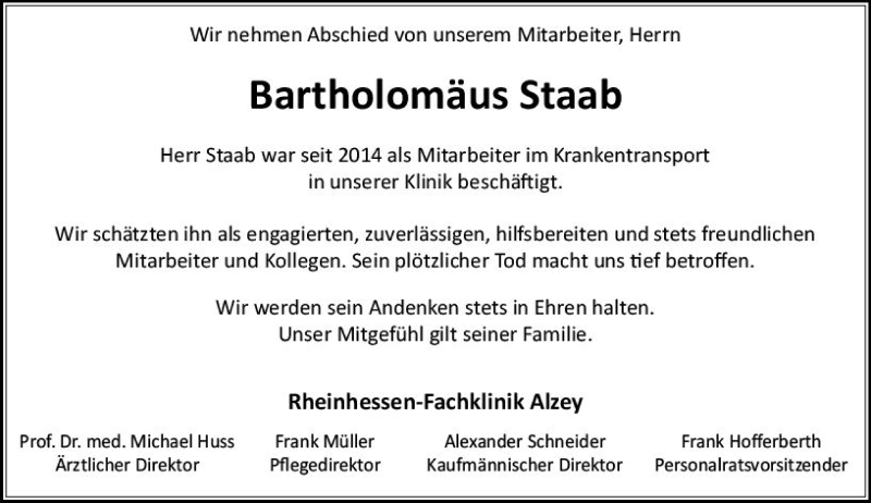  Traueranzeige für Bartholomäus Staab vom 30.03.2019 aus vrm-trauer