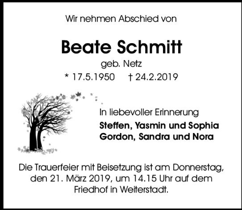  Traueranzeige für Beate Schmitt vom 16.03.2019 aus vrm-trauer