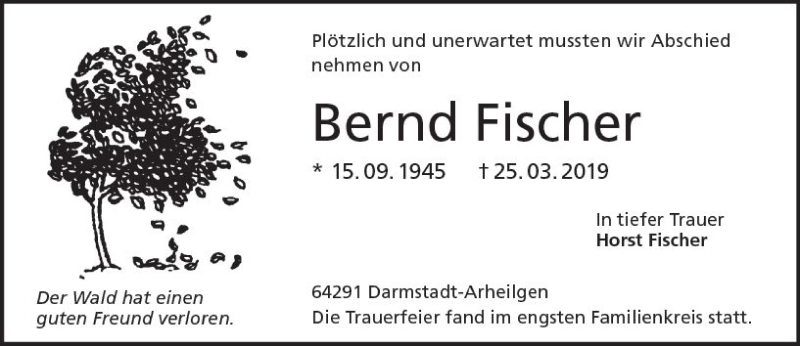  Traueranzeige für Bernd Fischer vom 30.03.2019 aus vrm-trauer