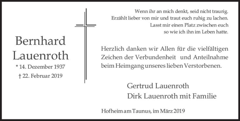  Traueranzeige für Bernhard Lauenroth vom 15.03.2019 aus vrm-trauer