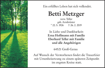 Traueranzeige von Betti Metzger von vrm-trauer