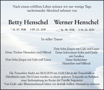 Traueranzeige von Betty Henschel von vrm-trauer