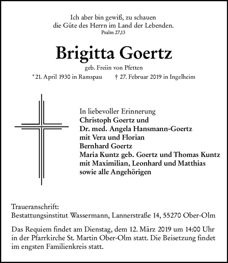  Traueranzeige für Brigitta Goertz vom 09.03.2019 aus vrm-trauer