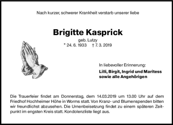 Traueranzeige von Brigitte Kasprick von vrm-trauer