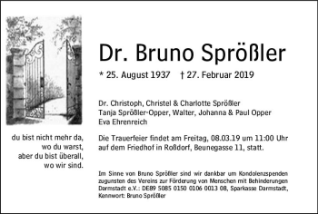 Traueranzeige von Bruno Sprößler von vrm-trauer