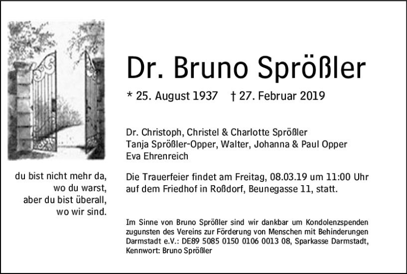  Traueranzeige für Bruno Sprößler vom 02.03.2019 aus vrm-trauer