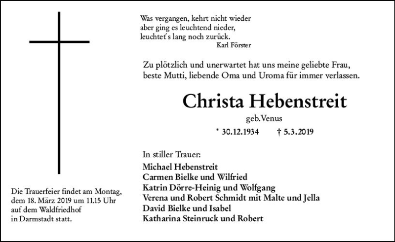  Traueranzeige für Christa Hebenstreit vom 16.03.2019 aus vrm-trauer