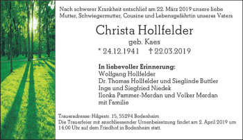 Traueranzeige von Christa Hollfelder von vrm-trauer