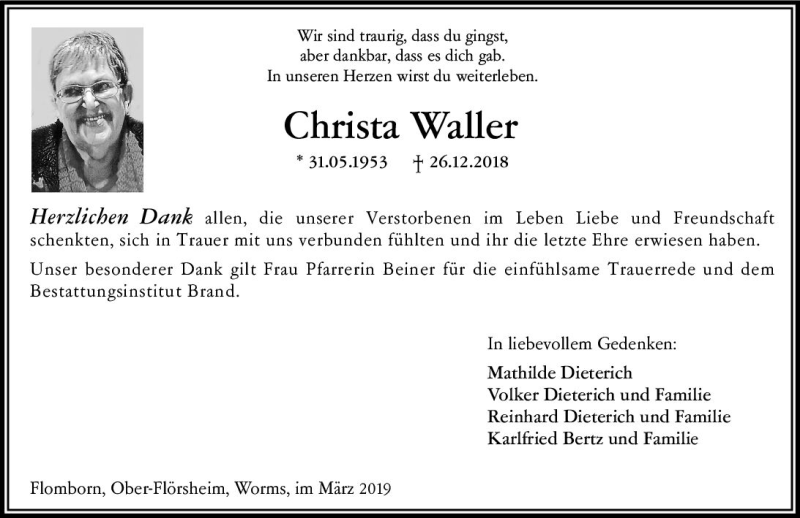  Traueranzeige für Christa Waller vom 16.03.2019 aus vrm-trauer