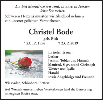 Traueranzeige von Christel Bode von vrm-trauer