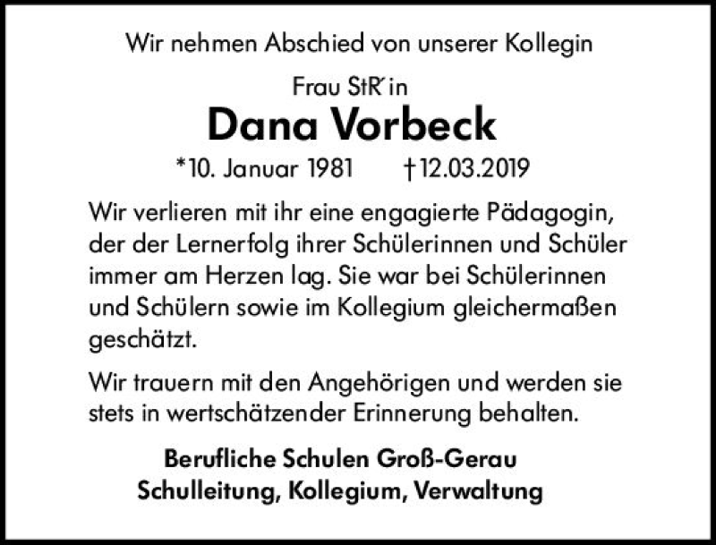  Traueranzeige für Dana Vorbeck vom 23.03.2019 aus vrm-trauer