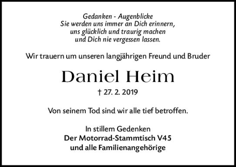  Traueranzeige für Daniel Heim vom 09.03.2019 aus vrm-trauer