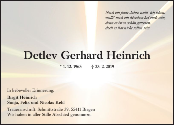 Traueranzeige von Detlev Gerhard Heinrich von vrm-trauer