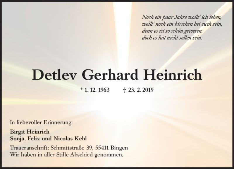  Traueranzeige für Detlev Gerhard Heinrich vom 16.03.2019 aus vrm-trauer