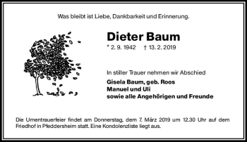Traueranzeige von Dieter Baum von vrm-trauer