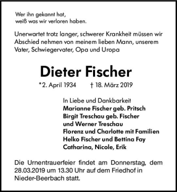 Traueranzeige von Dieter Fischer von vrm-trauer