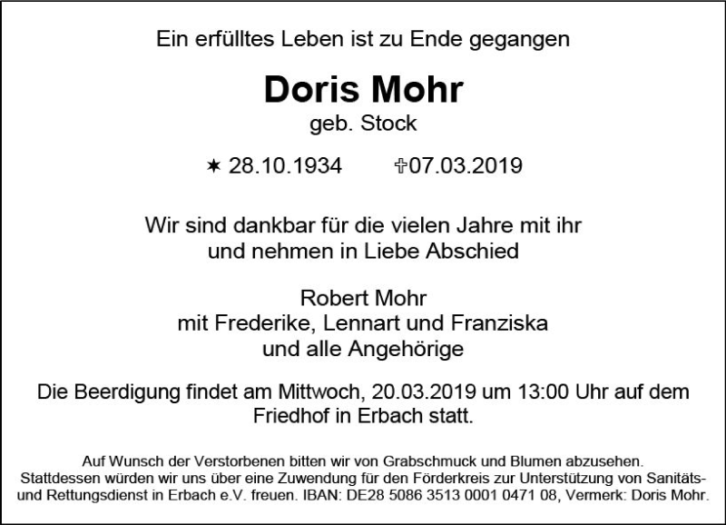  Traueranzeige für Doris Mohr vom 16.03.2019 aus vrm-trauer
