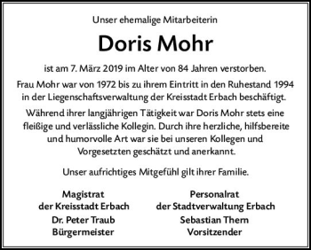 Traueranzeige von Doris Mohr von vrm-trauer