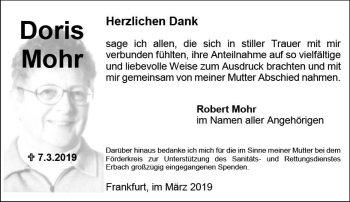 Traueranzeige von Doris Mohr von vrm-trauer
