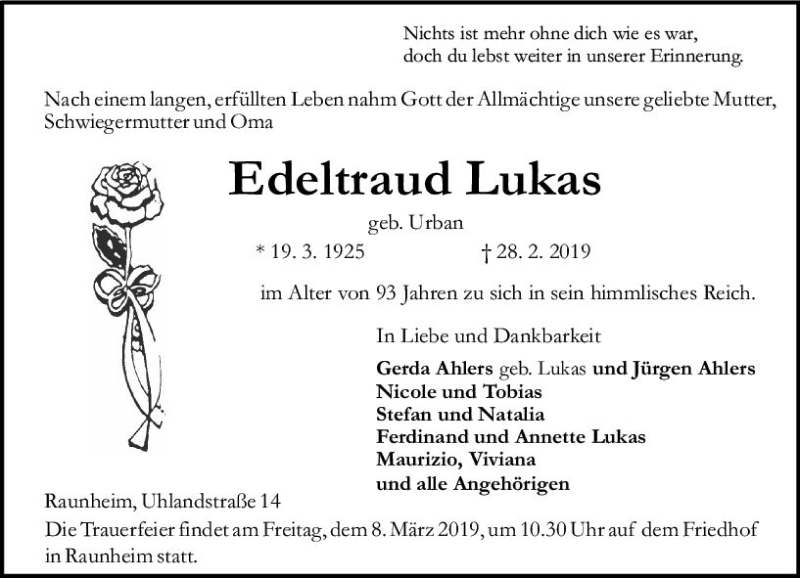  Traueranzeige für Edeltraud Lukas vom 02.03.2019 aus vrm-trauer