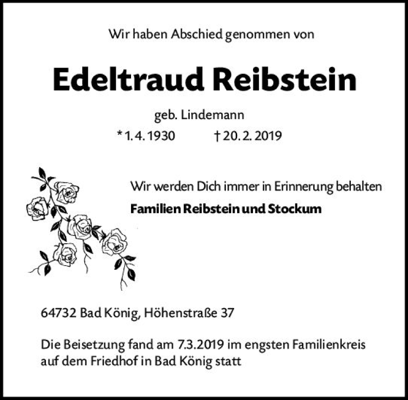  Traueranzeige für Edeltraud Reibstein vom 09.03.2019 aus vrm-trauer