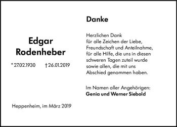 Traueranzeige von Edgar Rodenheber von vrm-trauer