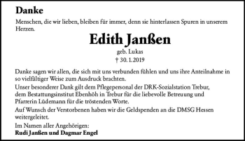 Traueranzeige von Edith Janßen von vrm-trauer