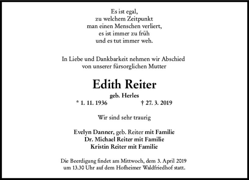  Traueranzeige für Edith Reiter vom 29.03.2019 aus vrm-trauer
