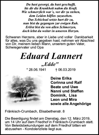 Traueranzeige von Eduard Lannert von vrm-trauer