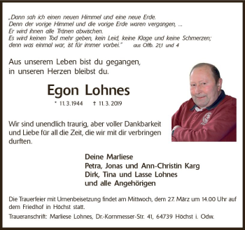 Traueranzeige von Egon Lohnes von vrm-trauer