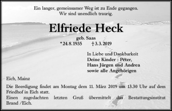 Traueranzeige von Elfriede Heck von vrm-trauer