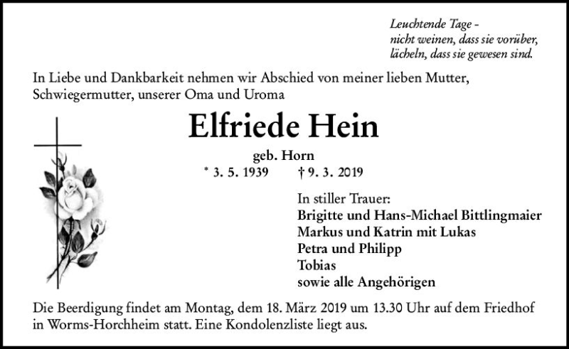  Traueranzeige für Elfriede Hein vom 13.03.2019 aus vrm-trauer